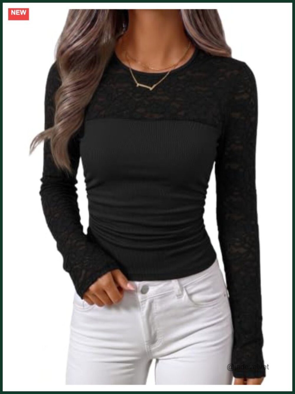 Women's Lace Knit Ruched Long Sleeve Crew Neck Top